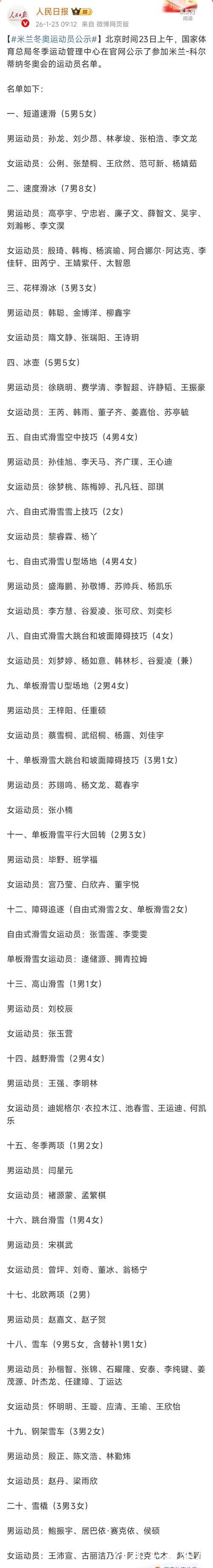 米兰冬奥会中国参赛运动员名单公示,苏翊鸣、谷爱凌等在列 米兰冬奥会中国参赛运动员名单公示,苏翊鸣、谷爱凌等在列